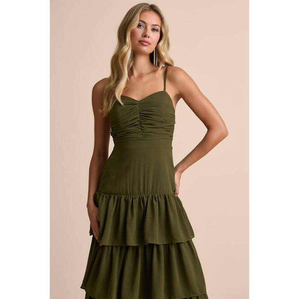 Lulus Gorgeous Influence Olive Green Tiered Maxi Dress - Size L